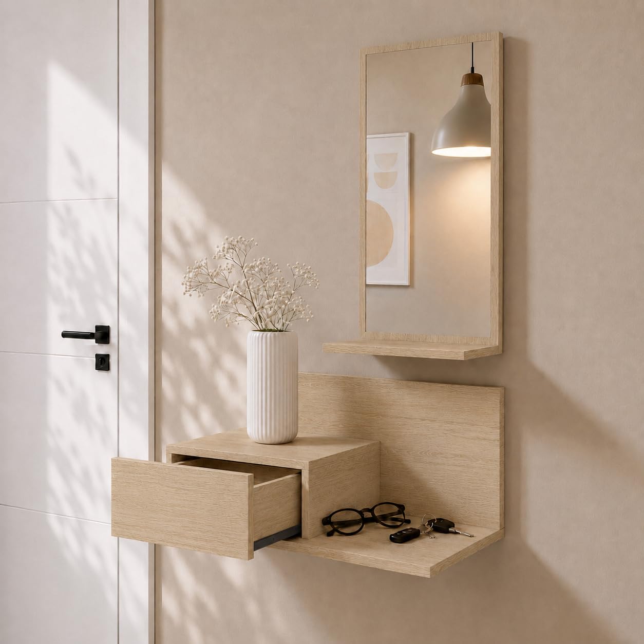 MB Muebles Bonitos | Recibidor Colgante Isabela | Color Sonoma | Mueble recibidor suspendido con cajón, repisa y espejo vertical. Conjunto de entrada flotante para pasillo o entrada.
