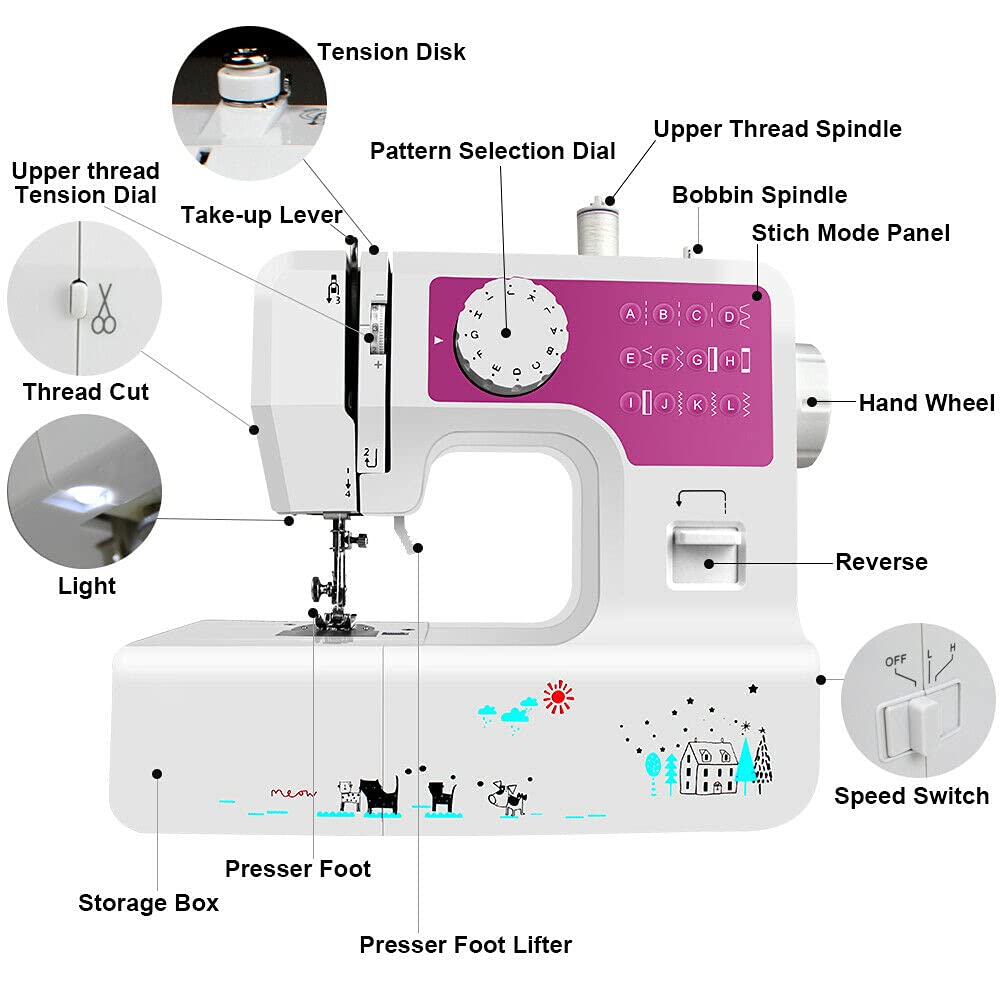 Maszyna do szycia LED Przenośna maszyna do szycia Mini Elektryczny domowy Crafting Mender Overlock 12 szwów z pedałem stóp