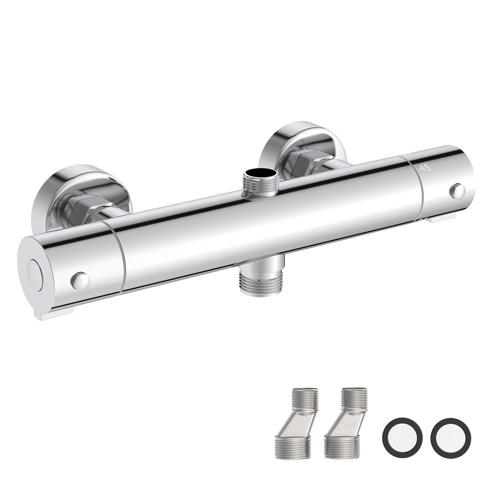 Chrom Mischbatterie Thermostat Duscharmatur mit 38 ℃ Sicherheitssperre | Aufputz Duscharmatur Regendusche aus Messing, Bad Armatur Dusche mit 2 Auslässen, Oben 3/4" BSP + Unten 1/2" BSP BATHLAVISH