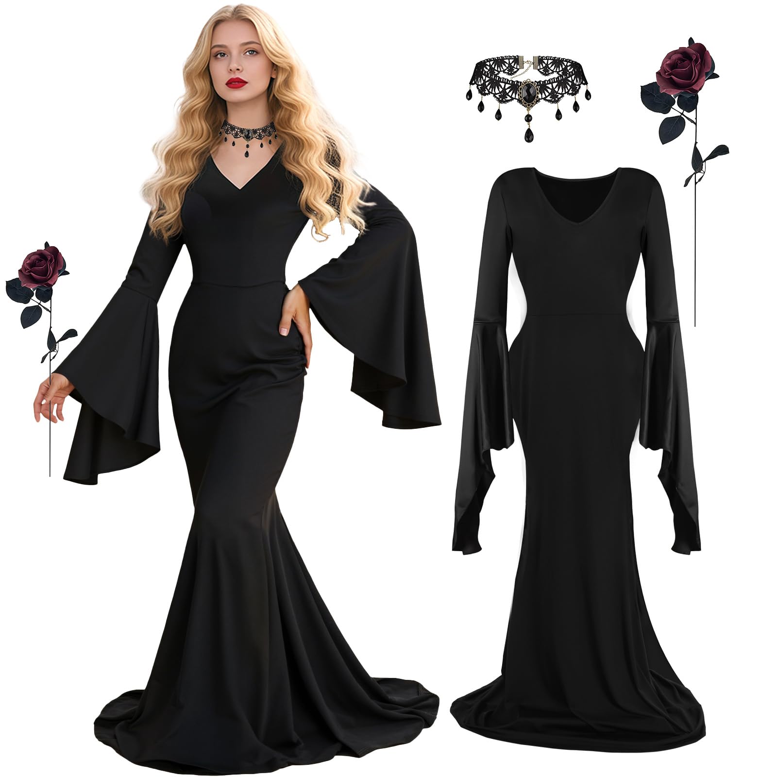 3PCS Adult Women Morticia Addams Costumes, Black Gothic Dress with Rose Necklace, Wed Halloween Cosplay Party Props (X-Large)