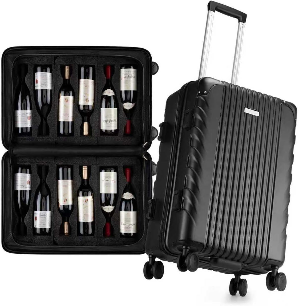 Wine Suitcase for Airplanes 12 Bottle, Wine Luggage for Airplane Travel with Removable Foam Insert and TSA Approved Lock, Hard PC Shell Travel Case with Hinomoto Double Wheels, Black Midnight Black