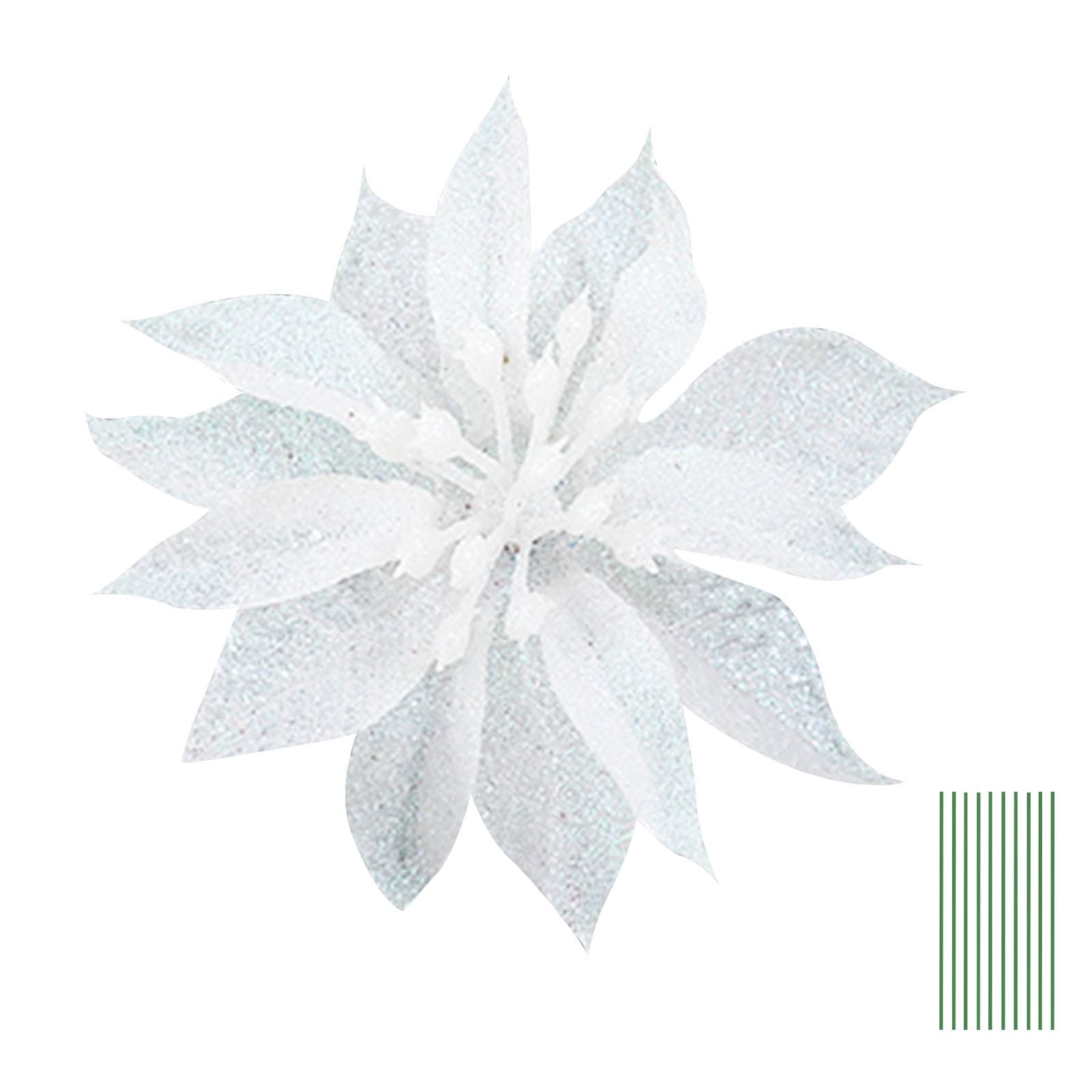 Yueshop 10 Pcs Glitter Christmas Flowers with Artificial Poinsettia Flower Christmas Tree Flower Decorations Xmas Tree Ornaments (White - Image 2