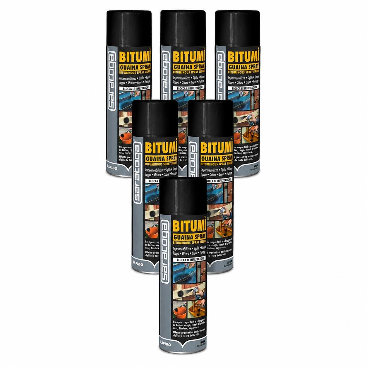 Saratoga Bitumì Guaina Spray Bituminosa, Nero, Impermeabilizzante e Sigillante, Asciugatura Rapida, 500 ml, 6 Pezzi confezione risparmio