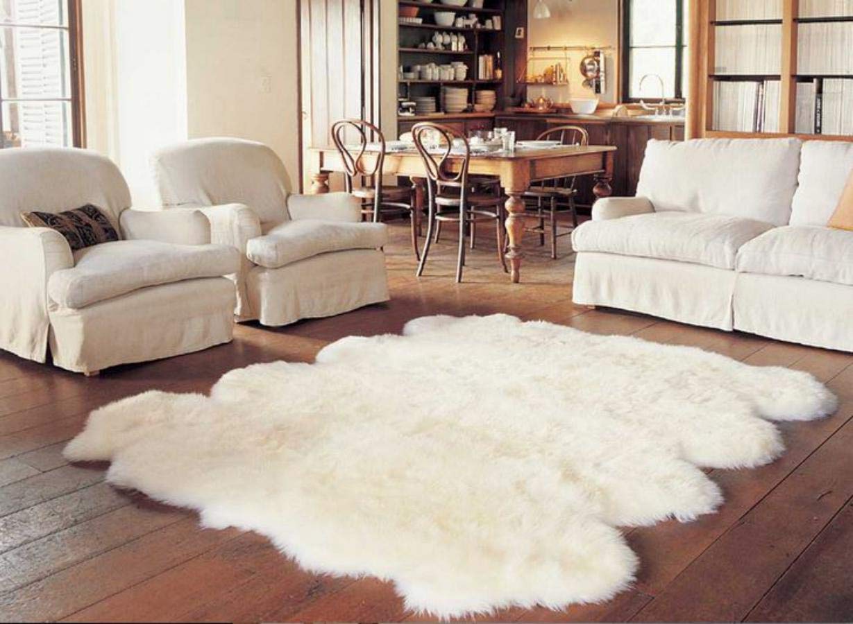 Peaux et Deco Tapis salon 180x220cm, peau de mouton véritable, agneau Mérinos, blanc naturel. Peaux et Deco