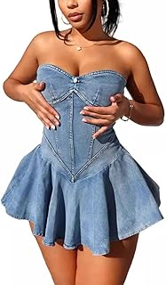 Women's Summer Tube Top Denim Dress Off Shoulder Sleeveless Sexy Cute Ruffle Pleated Jean Mini Dress Clubwear - Buy now