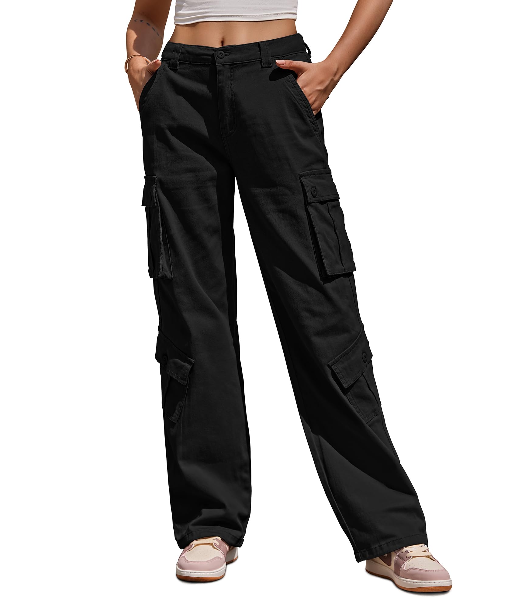 Fuakesor Cargohose Damen Baggy Y2K Multi Taschen High Waist Stretch Wanderhose Sport Jogginghose mit Elastischen Knöcheln