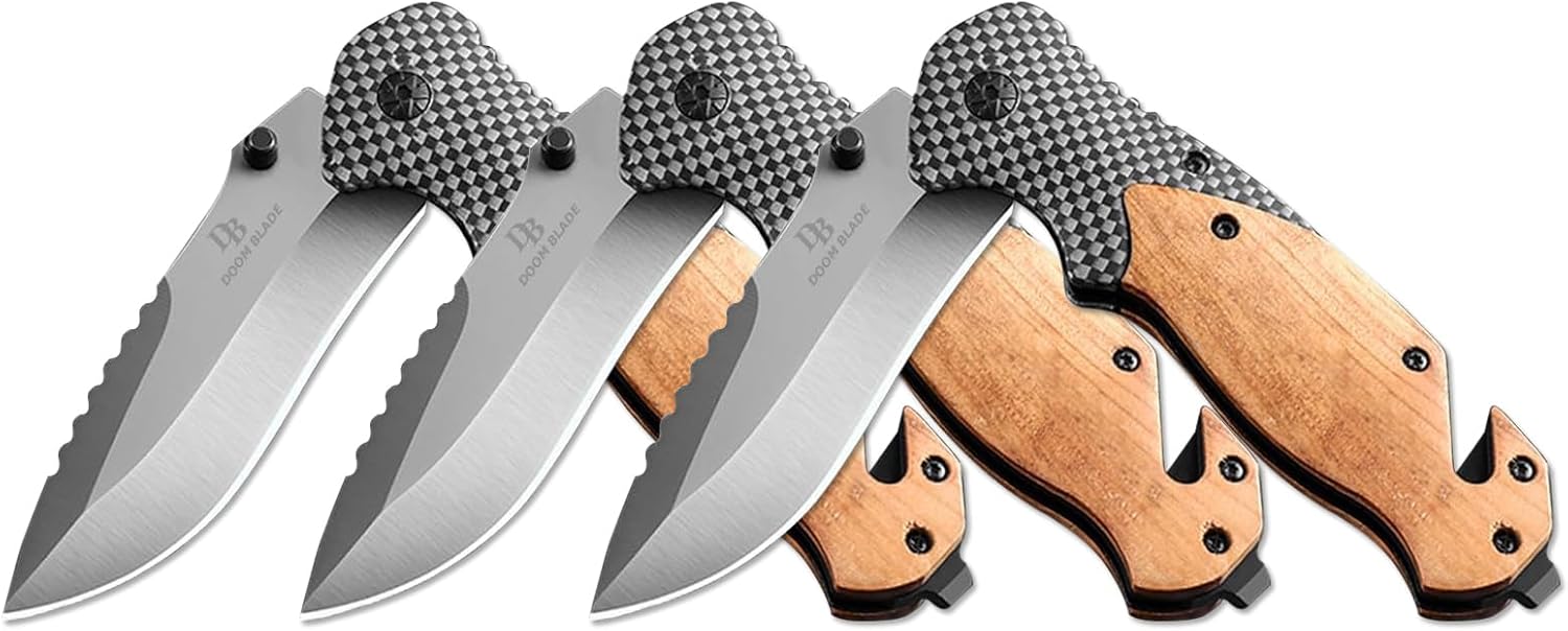 DOOM BLADE 8.3" Pocket Folding Knife with Glass Breaker, Seatbelt Cutter and Pocket Clip,EDC Knife with wood handle Sharp Tactical Camping Survival Hiking Knives (five knives)