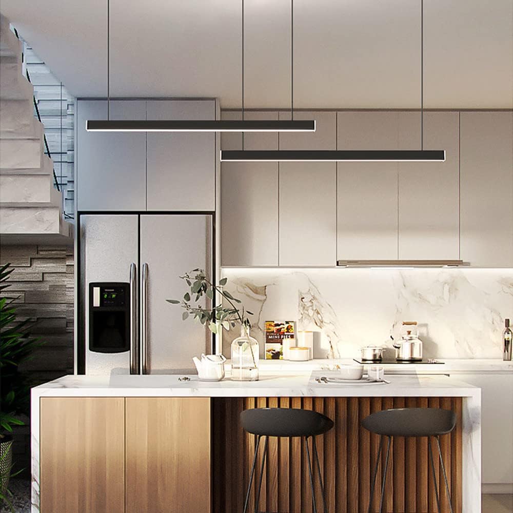 LED Linear Pendant Lighting Fixture Long Strip Chaner Ceiling Lamp, Minimalist Square Kitchen Island Hanging Light, Dining Table Office Restaurant Chaners, 4000K