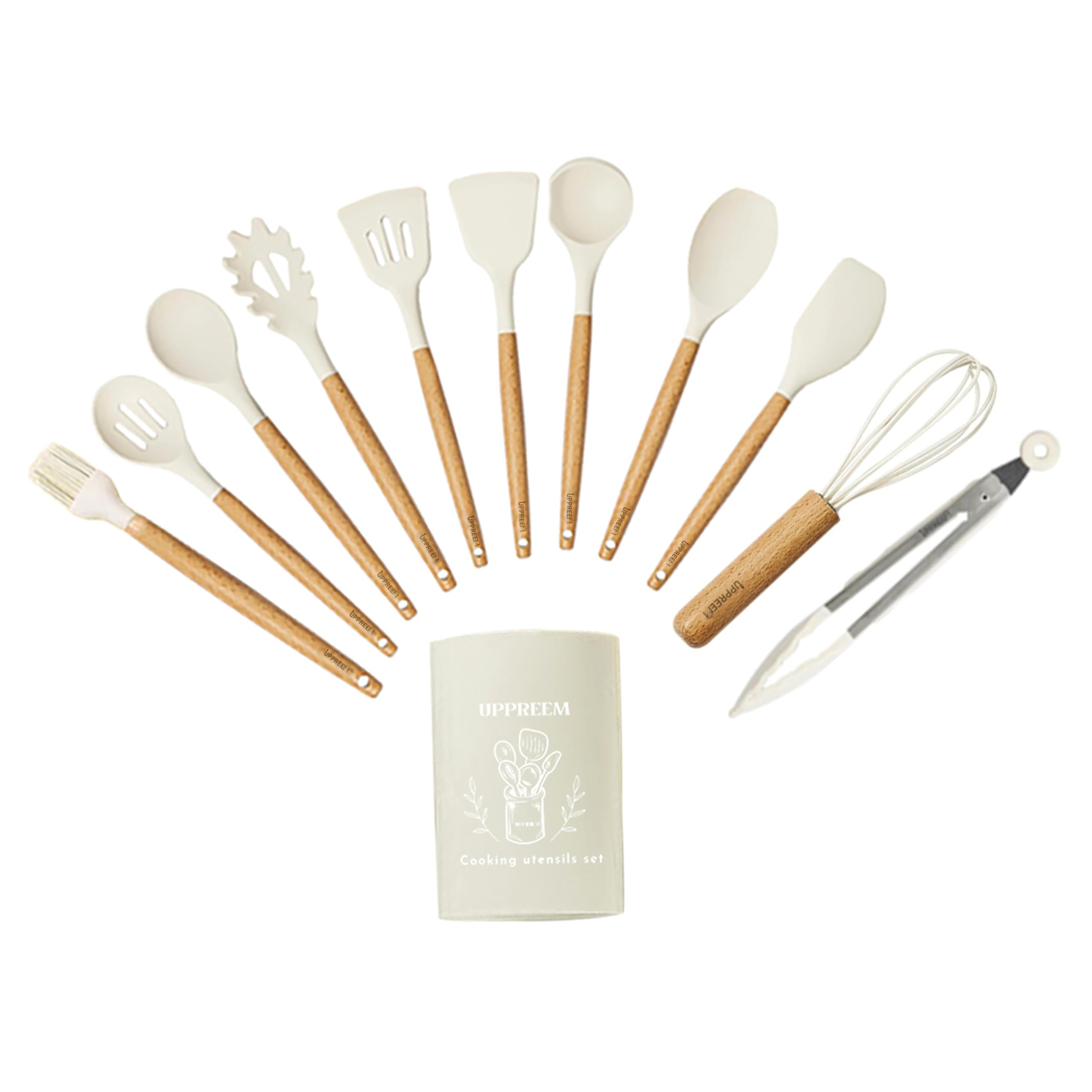 Silikon-Küchenutensilien-Set, hitzebeständig, antihaftbeschichtet, Pfannenwender-Set, Silikonkopf und Holzgriffe, 12-teiliges Set, beige