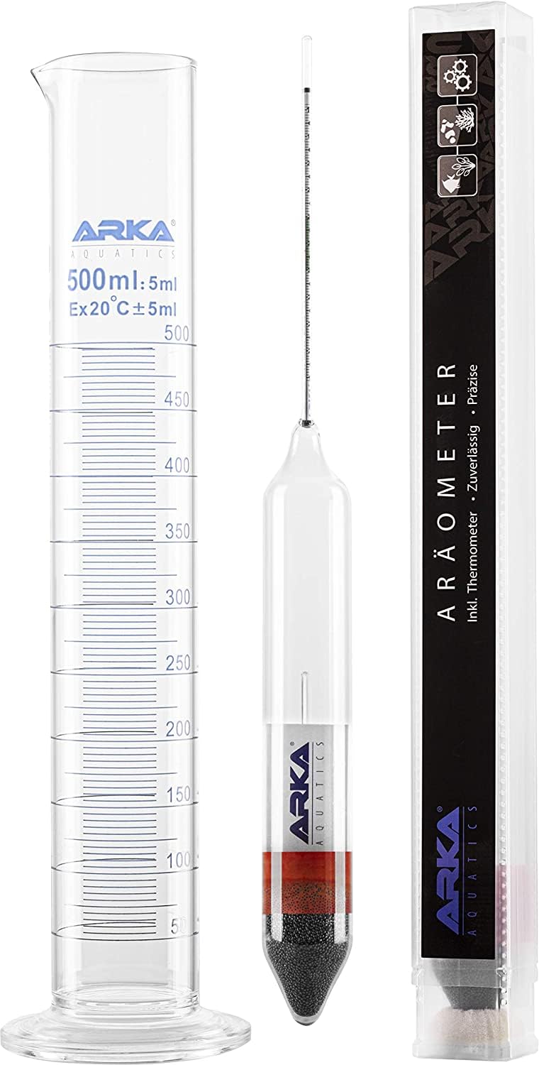 ARKA Set d'hydromètres: Thermomètre & éprouvette en Verre borosilicaté 3.3 pour Mesure précise de densité en Aquarium d'eau de mer, qualité Laboratoire, Facile à Utiliser.