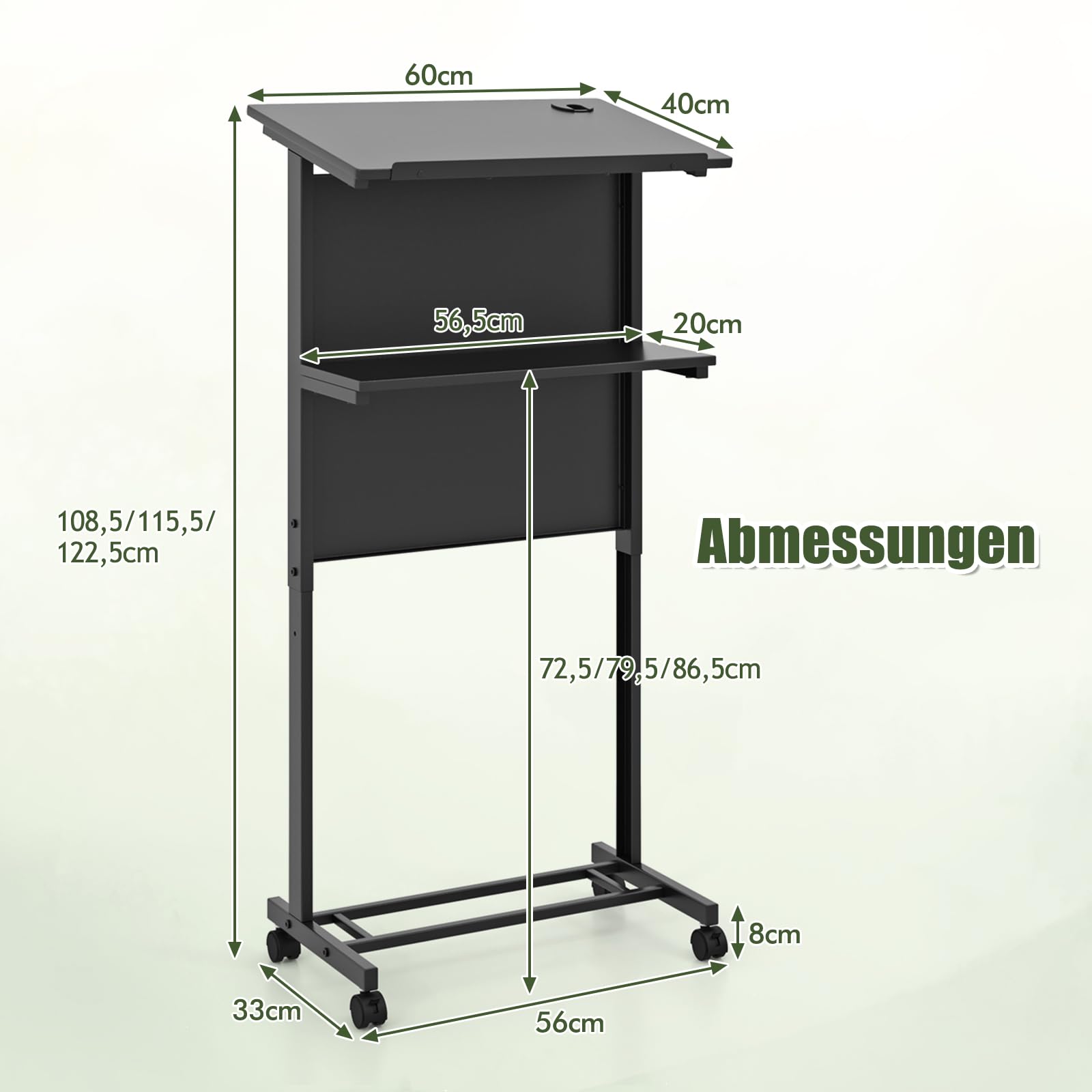 GYMAX Stehpult, Rednerpult mit 4 Rollen, höhenverstellbar Schreibtisch mit stabilem Metallrahmen, Ablagefläche & Kabelloch, Laptoptisch, mobiler Stehtisch für Büro & Zuhause, 60 x 40 cm, Schwarz