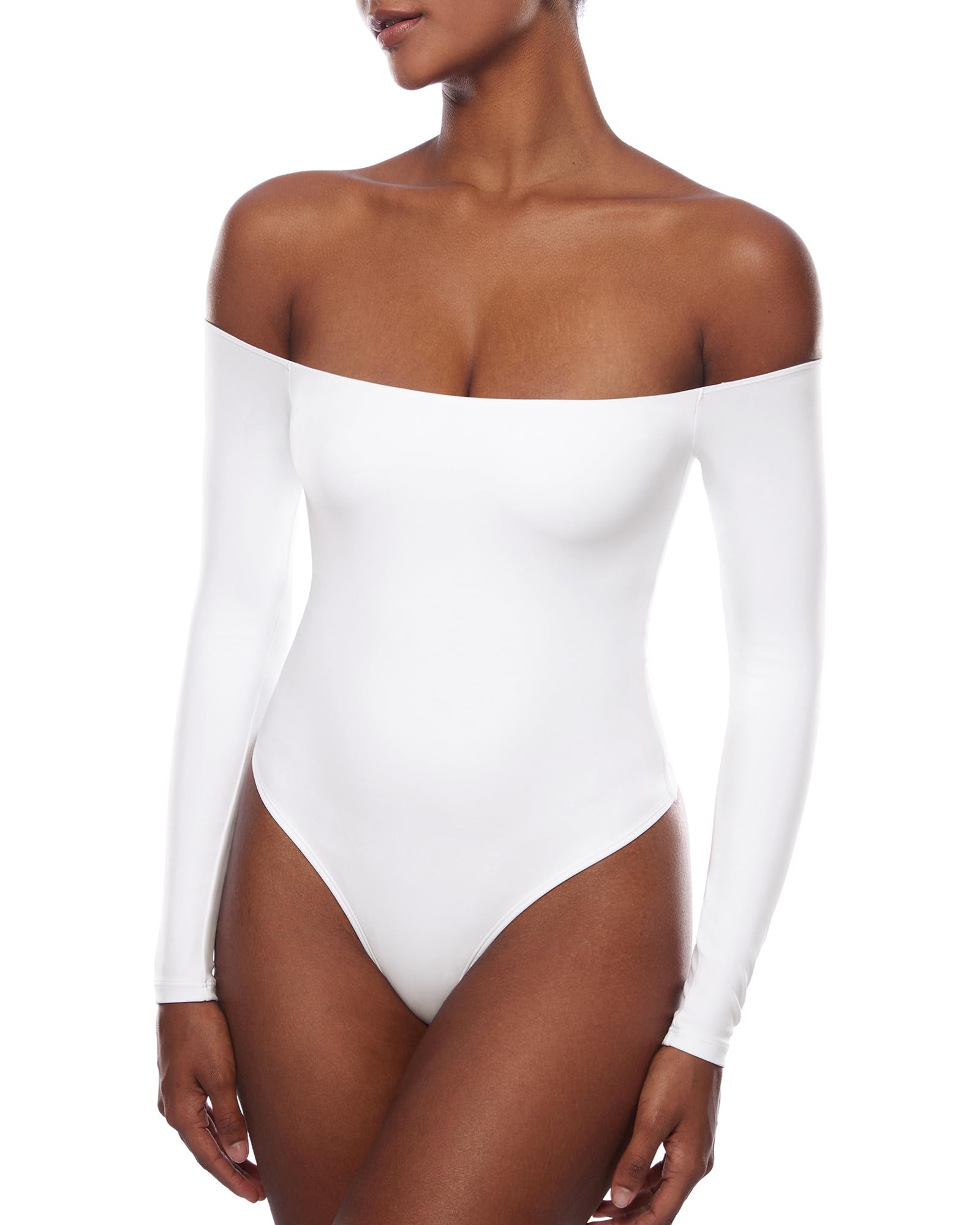 INLYRIC Women's Natrelax Off The Shoulder Bodysuit Long Sleeve Thong Sexy Bodycon Slim Fit Tops Leotard