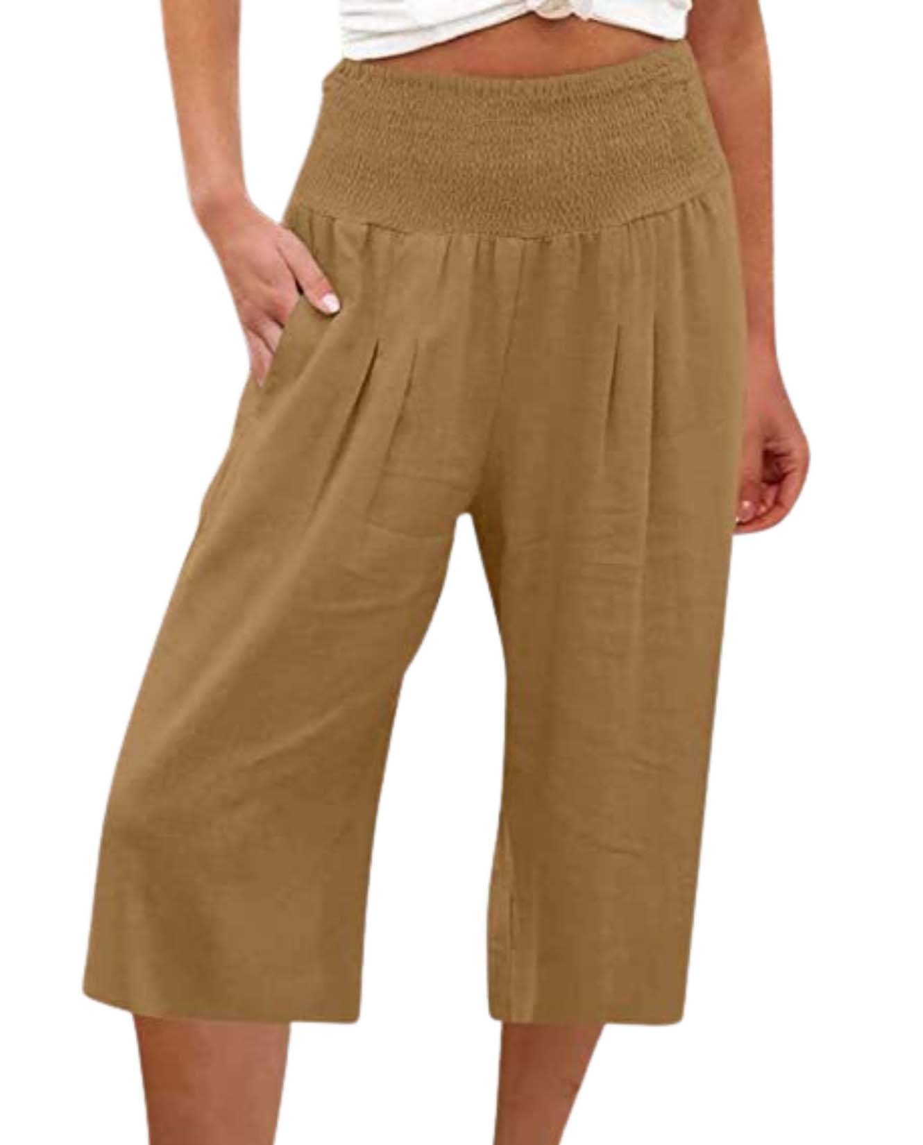 Summer Womens 3 4 Pants Casual High Elastic Waist Solid Color Trousers Loose Wide Leg Classic Pant with