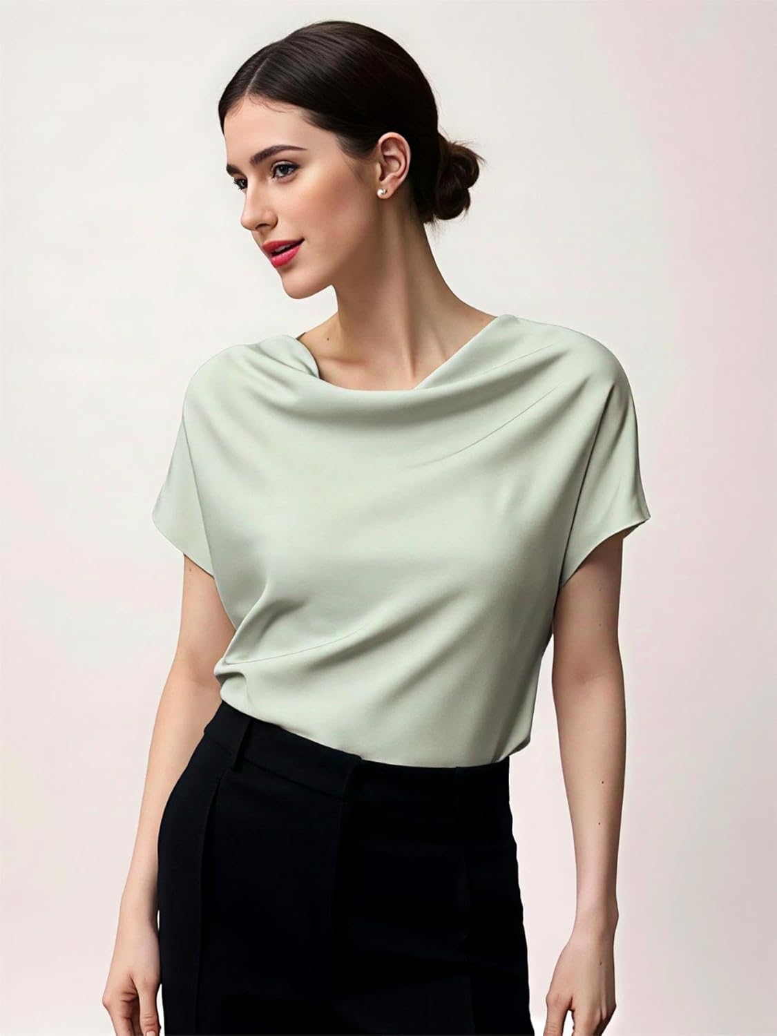 Mettclasi Women's Silk Satin Cowl Neck Short Sleeve Top, Elegant Dressy Casual Summer Blouse Shirt Solid T-Shirt - Image 5