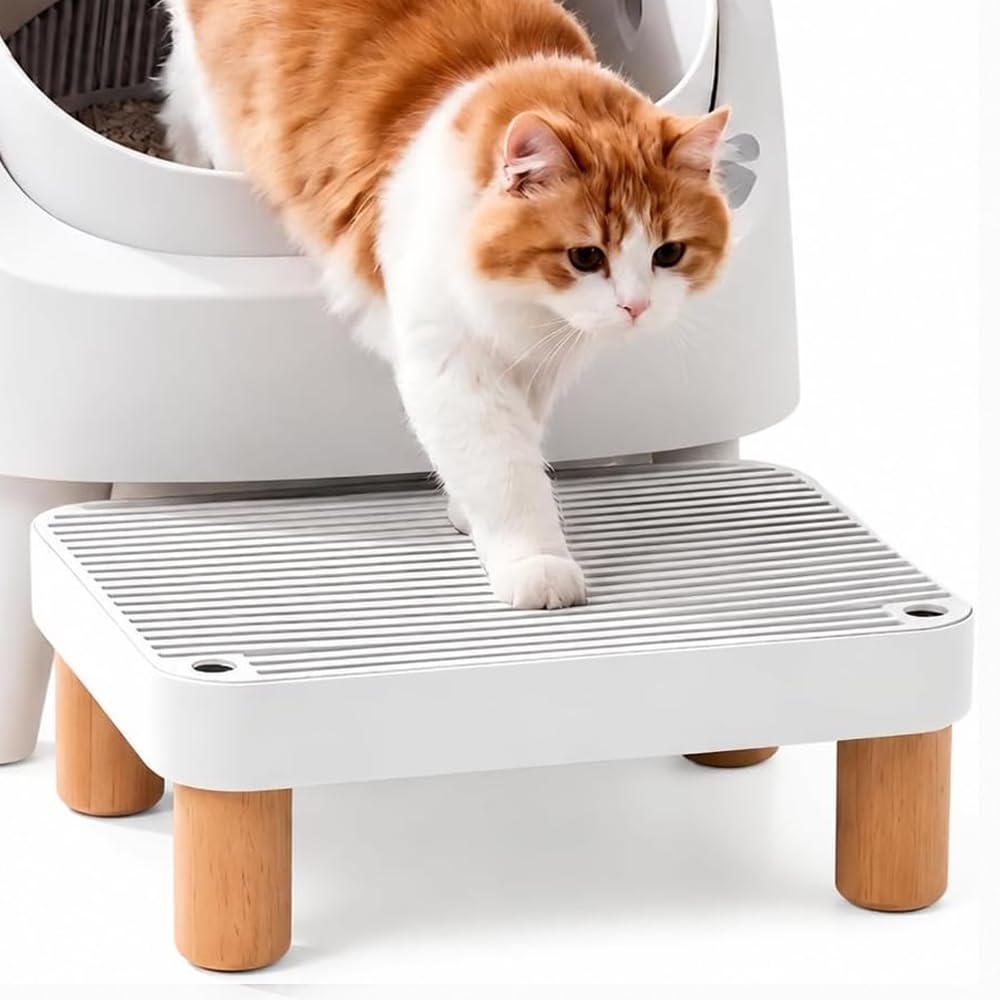 Litter Box Step, Litter Box Ramp/Catcher with Wooden Base, Anti-Tracking &amp; Easy to Clean, Ideal for Big Cats and Automatic Litter Boxes 15.8" x 11.8" x 5.9" (White)