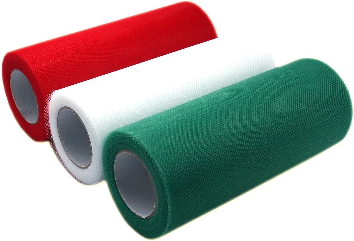 Misscrafts 3 Spools Tulle Netting Ribbons 3 Colors Tulle Fabric Spool 6 Inches 75 Feet per Roll for DIY Wedding Tutu Valentine Decor Red Green White