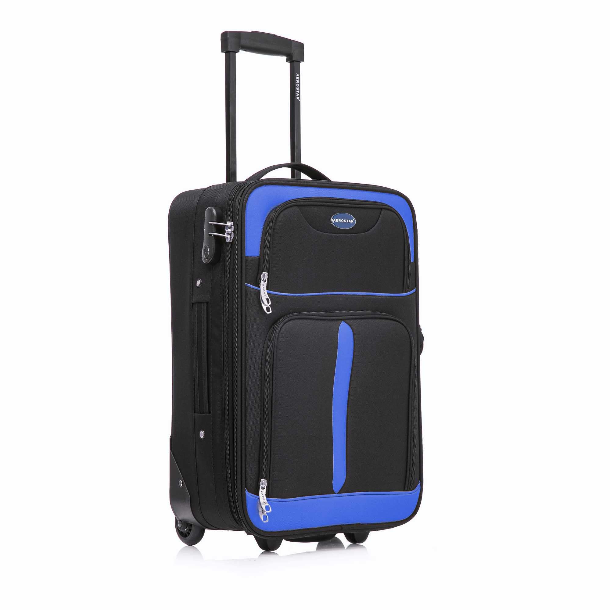 Carry-on 20" Lightweight Soft Expandable Suitcase, Hand Luggage 2 Wheel & Combination Lock, 55x35x20cm | Accepted All Airlines easyjet, RyanAir, British Airways (Black/Blue, 36 litres)