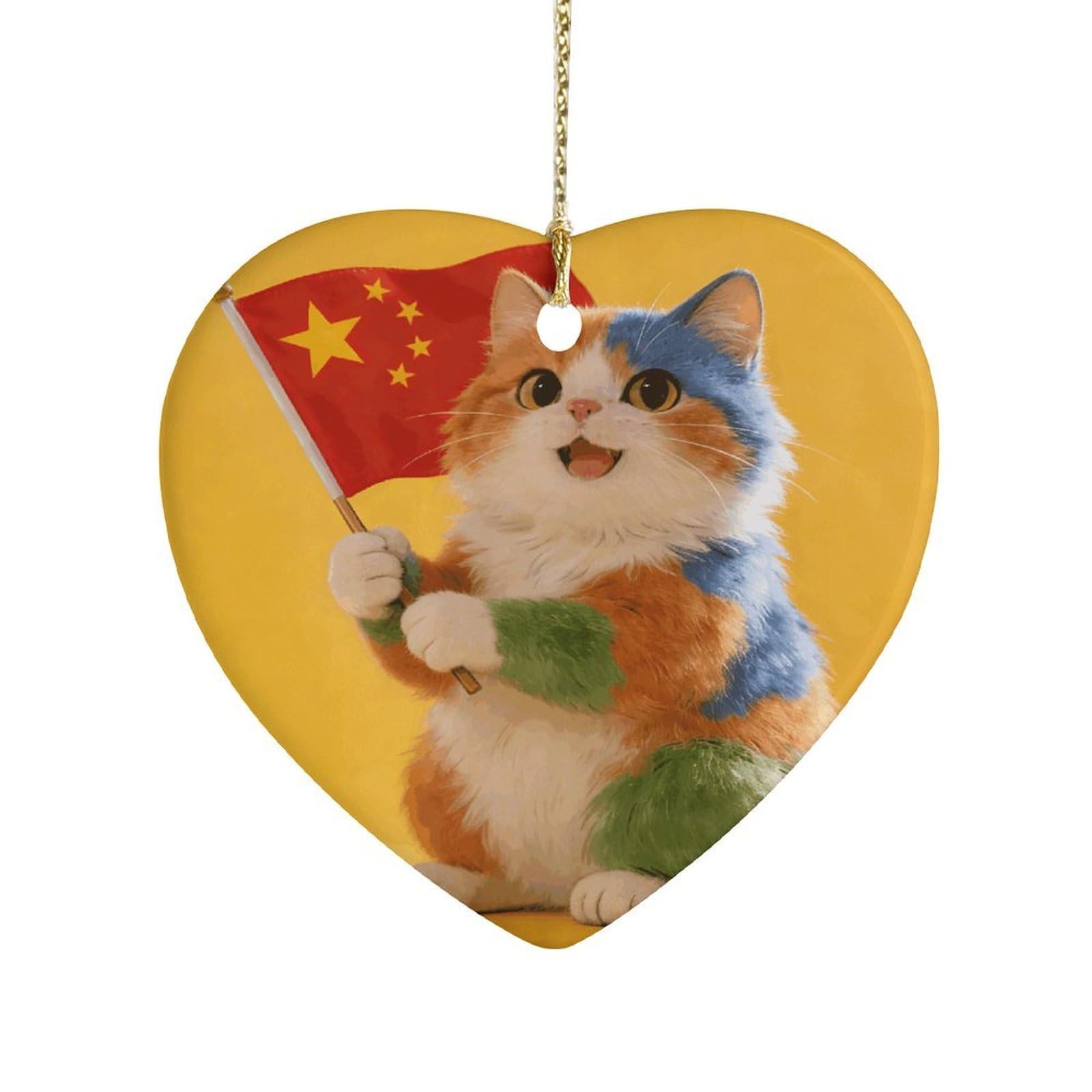 Khauerbc Style Colorful Cat And National Flagheart Shaped Ceramic Ornament With String,Ceramic Ornament,Two-Sided Printed For Christmas Tree And Holiday Decoration