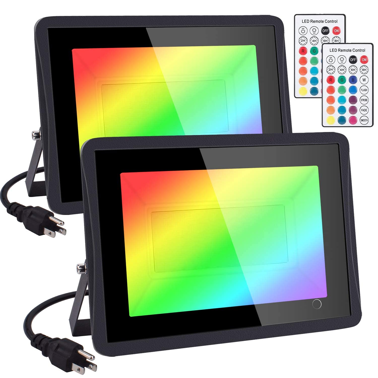RGB Flood Light 1000W Equivalent HWay 2 Pack 100W Color Changing Flood Light with Remote Control, IP66 Waterproof Dimmable Outside Color Changing Wall Wash Light with Timer and Memory Function