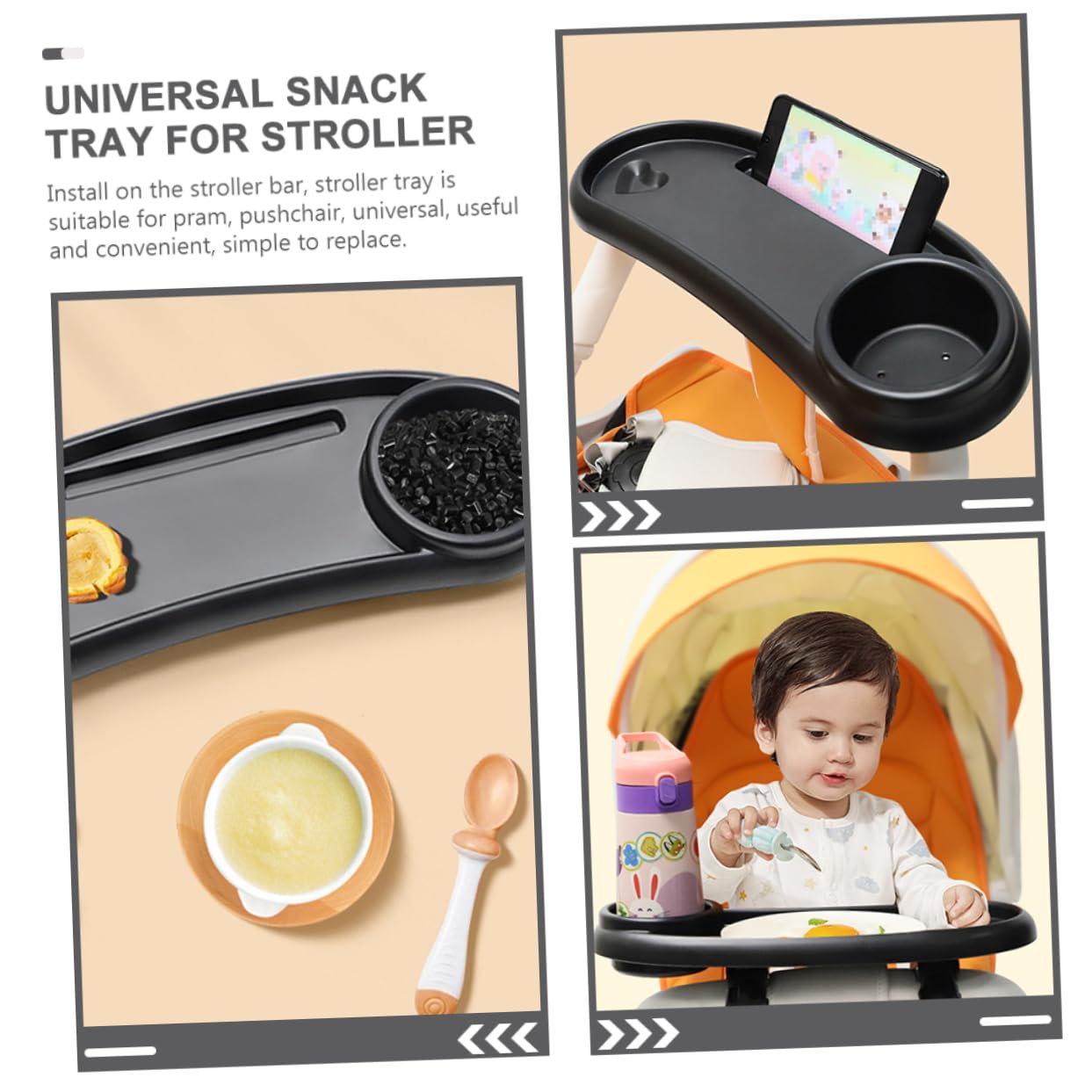 Plateau à Goûter pour Poussette Amovible avec Porte-gobelet Noir | Plastique, Stable et Sûr, pour Pram et Pushchair, Accessoire Bébé Pratique