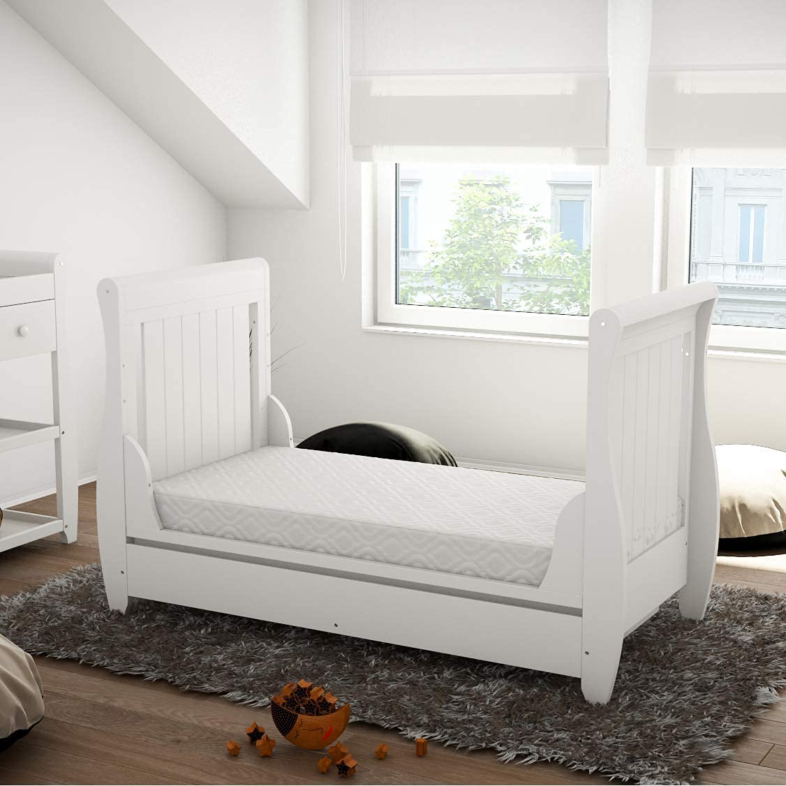 Babymore Stella Sleigh Cot Bed Drop Side with Drawer Solid Pine Wood