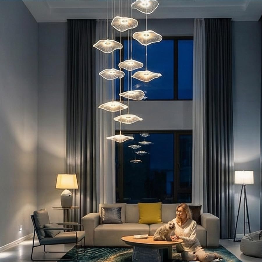 Image of ziidoo High Ceiling Chandelier - 32-Light Dimmable Modern Gold Long Spiral Luxury Linear Lotus Leaf Led Lamp Hanging Pendant Lights for Foyer Enterway Staircase Villas