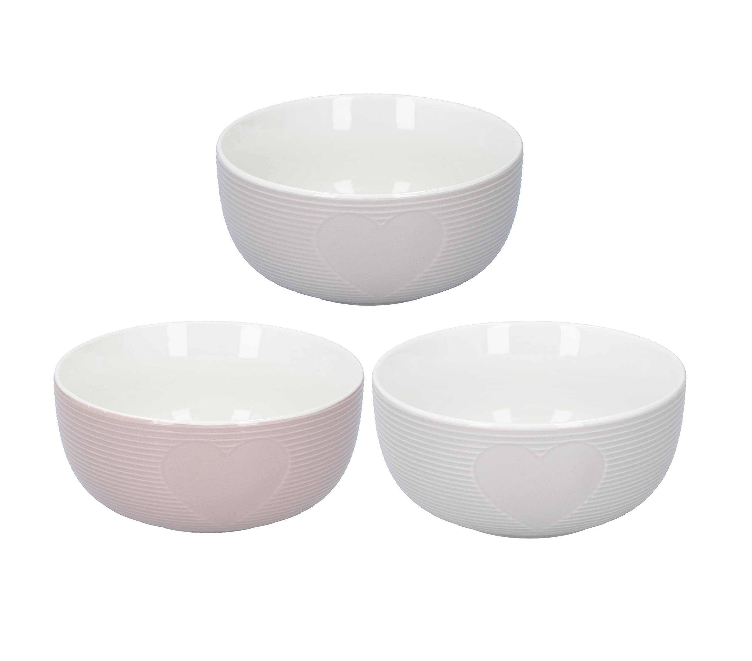 Ed-co Porcelain 3-Piece 14cm Heart Round Breakfast Oatmeal Bowls Deep Soup Salad Pasta Dessert Serving Bowls Dishes Dishwasher Safe, 550ml, Set of 3, Assorted Colours