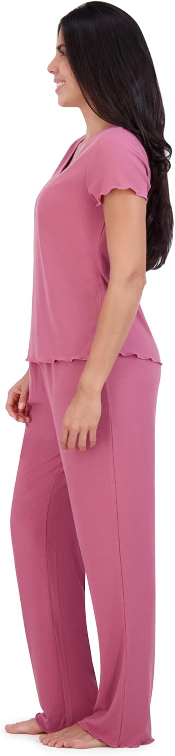 Aerosoles Women's Ribbed Henley Cozy Pjs 2 Piece Cozy Comfy Lounge Soft Cotton Sleepwear Button-up Pajama Set, Heather Rose, X-Large - Image 4