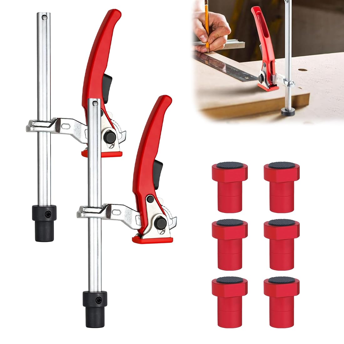 Bankhaken 20mm Set, 2× Schnellspann-Hebelzwingen 6× rutschfeste Niederhalter, Tischzwingen aus Chrom-Vanadium-Stahl für MFT-Tisch & Werkbank, präzises und sicheres Holzwerken