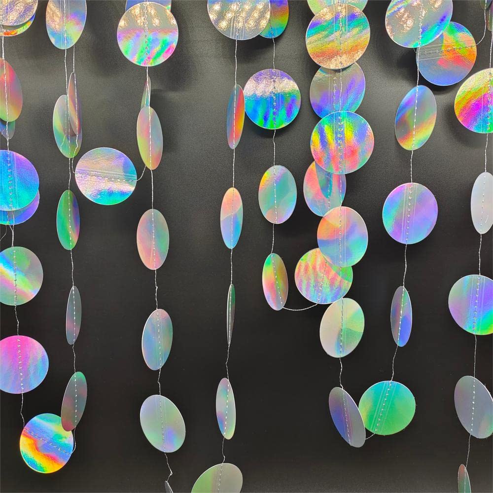 JEYEIridescent Silver Glitter Circle Dots Paper Garland Polk Dot Streamer Party Decoration Banner Backdrop Hanging for Birthday Wedding Baby Shower Engagement Graduation Thanksgiving