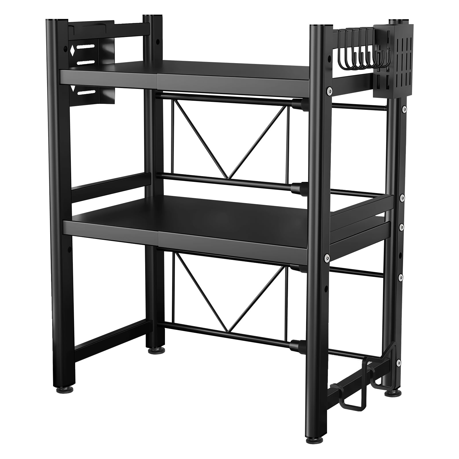 Extendable Microwave Rack with Hooks, Knife Rest, Toothpick Holder and Cutting Board Holder - 3 Tier Expandable Rack for Kitchen and Home Storage