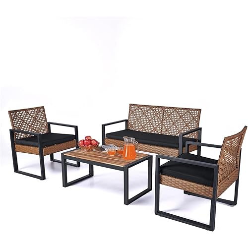 BEEFURNI Wicker Patio Furniture Outdoor Conversation Set of 4, Acacia Wood Table, 2 Rattan Chairs, 1 Loveseat, 2” Cushions, All-Weather, Easy Assembly, 1-Year Manufacturer Warranty (Brown)