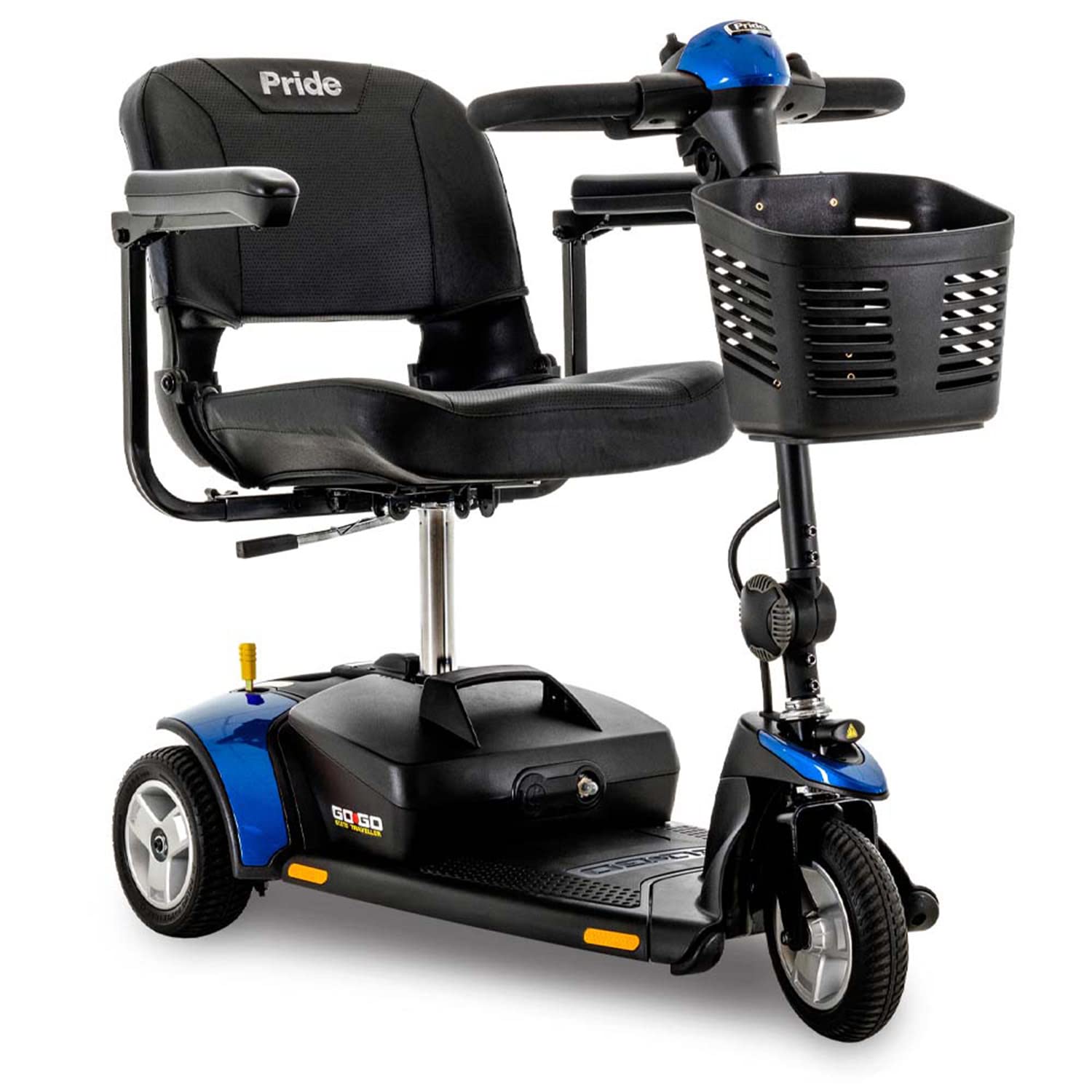 Pride Mobility Go-Go Elite Traveller 3-Wheel SC40E 12AH, Indoor & Outdoor Travel Electric Mobility Scooter w/Red & Blue Shroud Inserts for Adults, 300 lbs. WC, Up to 4 MPH, 7.25 Range Per Charge
