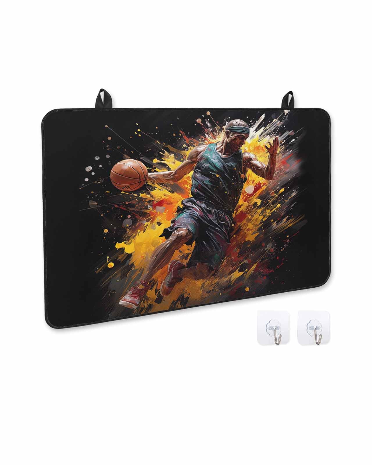 Stove Cover for Electric Stove, Sports Theme Watercolor Athletes Play Basketball Stove Top Cover for Glass Top, Heat Rubber Mat Foldable Cooktop Cover Top Protector, 31