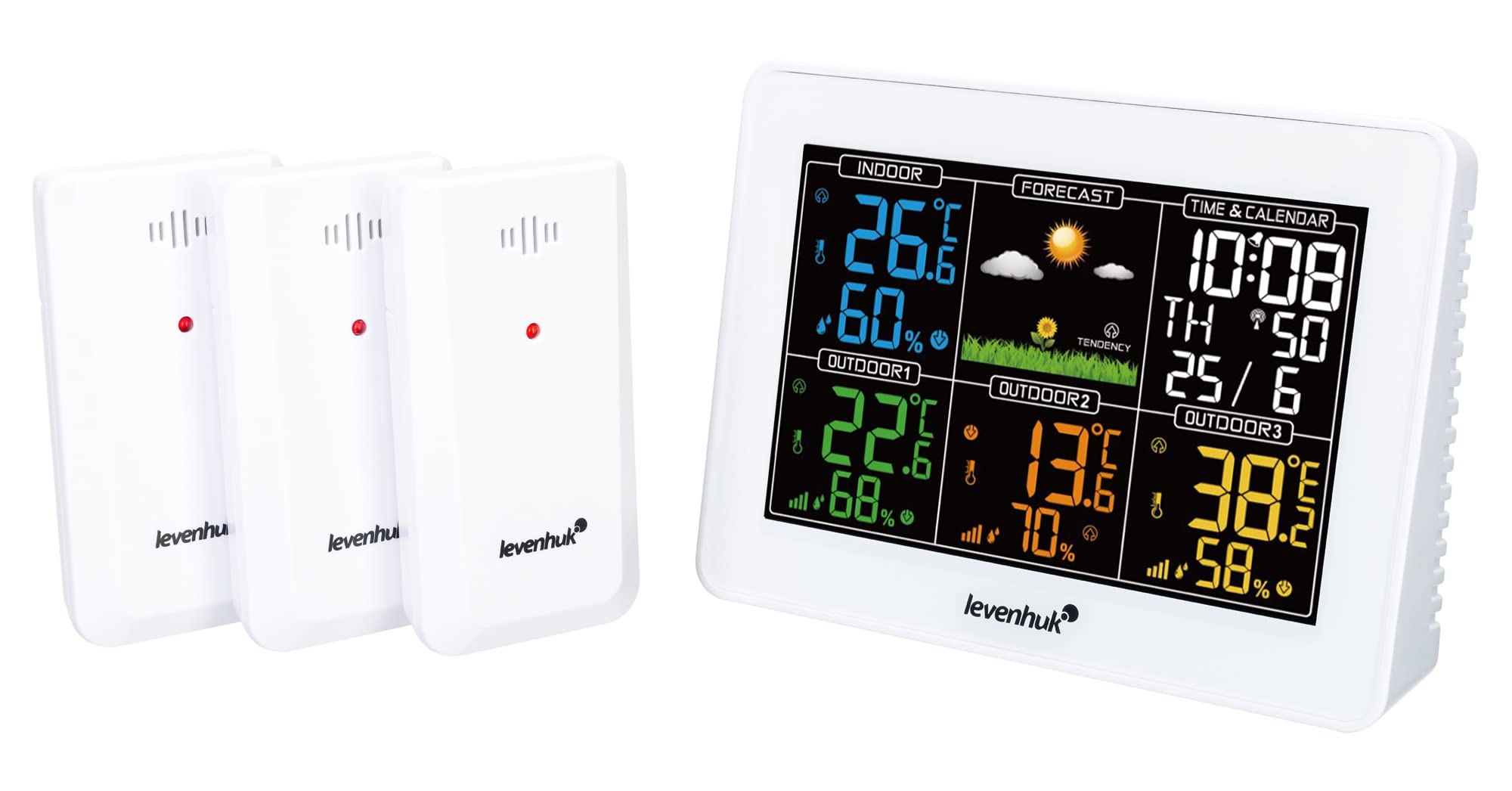 Stazione Meteo Digitale e Wireless Levenhuk Wezzer PLUS LP60 con 3 Sensori Remoti, Termometro, Igrometro, Orologio e Calendario