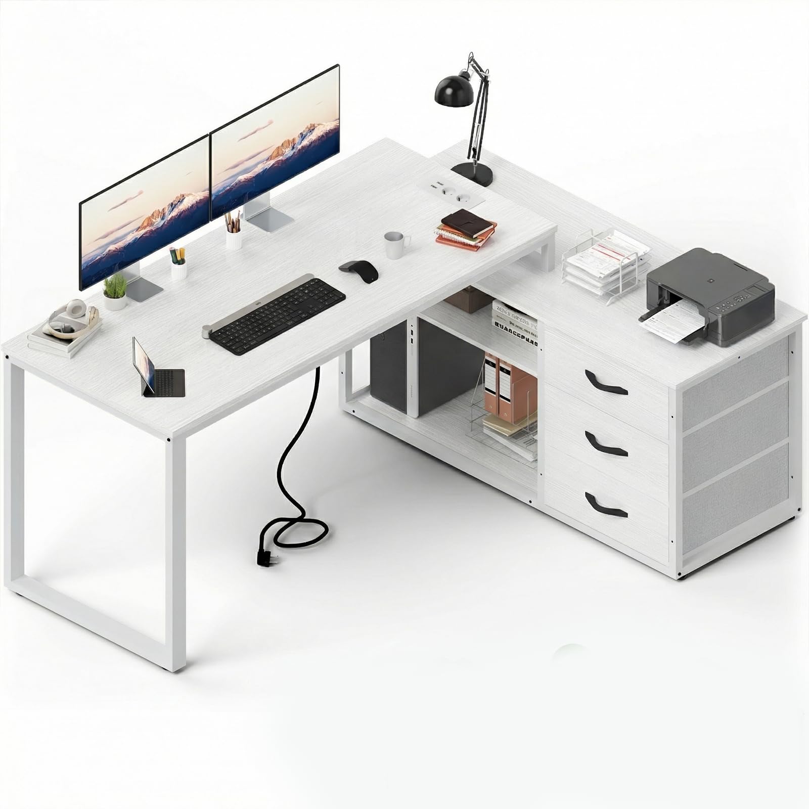 JUMMICO Schreibtisch mit Schubladen, 140 x 105 x 75 cm, L Form Reversible Eckschreibtisch mit 2 USB-Ladeanschlüssen und 2 Steckdosen, Weiß