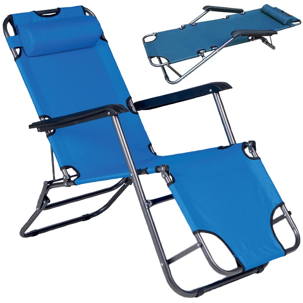 BAKAJI Sedia Sdraio Reclinabile in Lettino Prendisole Esterno Giardino Poltrona Relax Pieghevole in Metallo e Tessuto Oxford Traspirante con Poggiatesta Imbottito Terrazzo Piscina Spiaggia (Blue)