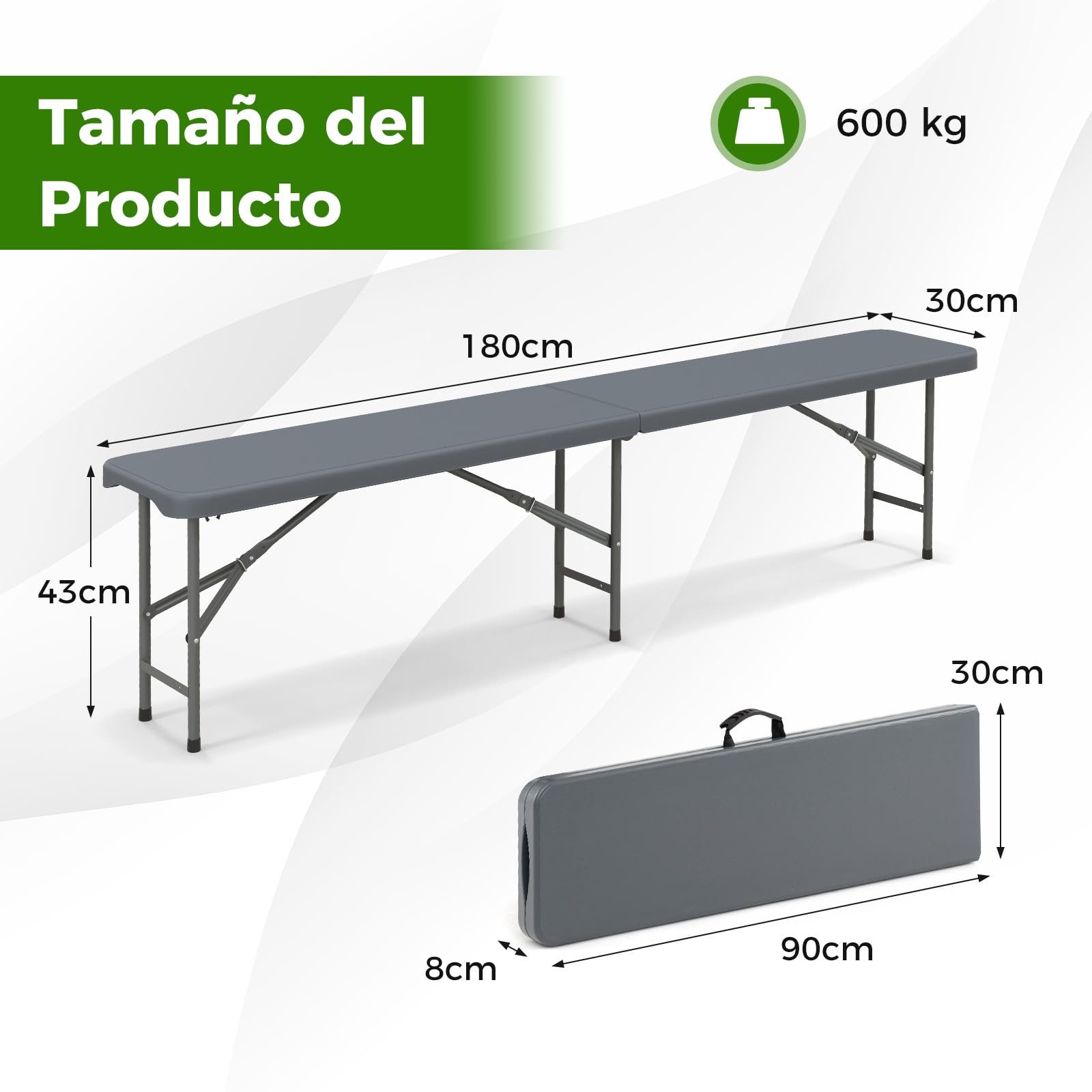 GOPLUS Banco Plegable Portátil para 4 Personas, Asiento Exterior Interior con Asa de Transporte, Banco Jardin Impermeable para Deportes Picnic Fiesta Camping Barbacoa (180x30x43 cm,Gris)