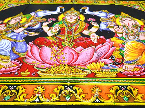 Crafts of India Lakshmi Ganesha Saraswati Batik Cotton Wall Hanging Sequins Painting : Size 43