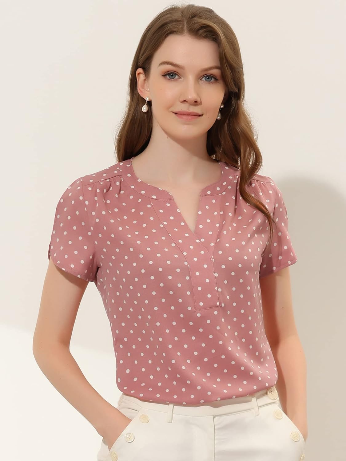 Allegra K Women's Polka Dots Print V Neck Short Sleeve Elegant Work Office Tops - Image 3
