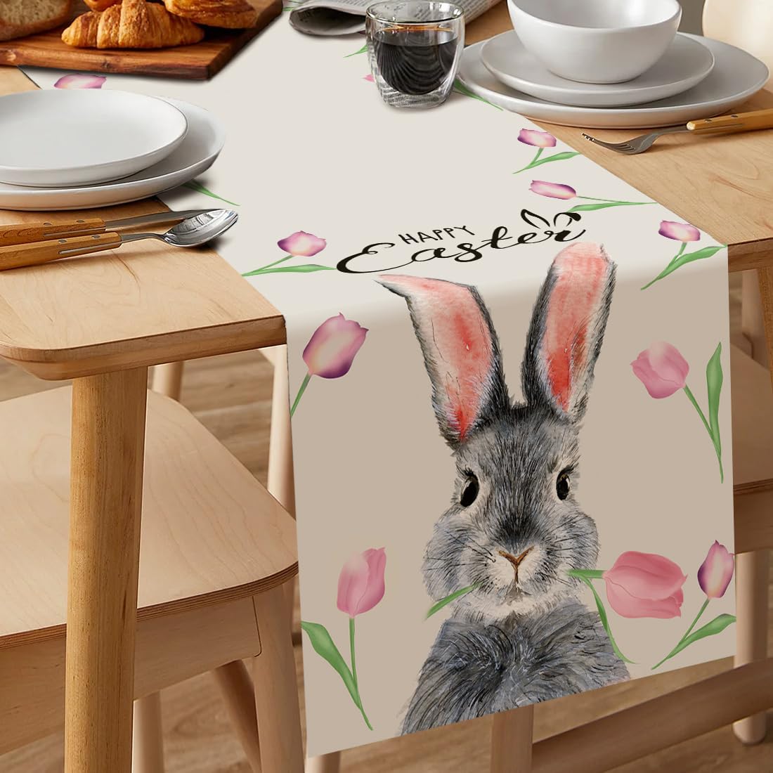 Runner da tavola pasquale con coniglietto di tulipani, runner da tavola stagionale Lavabili, decorazione primaverile per tavolo pranzo della cucina per decorazioni feste interni esterni, 33 x 230 cm