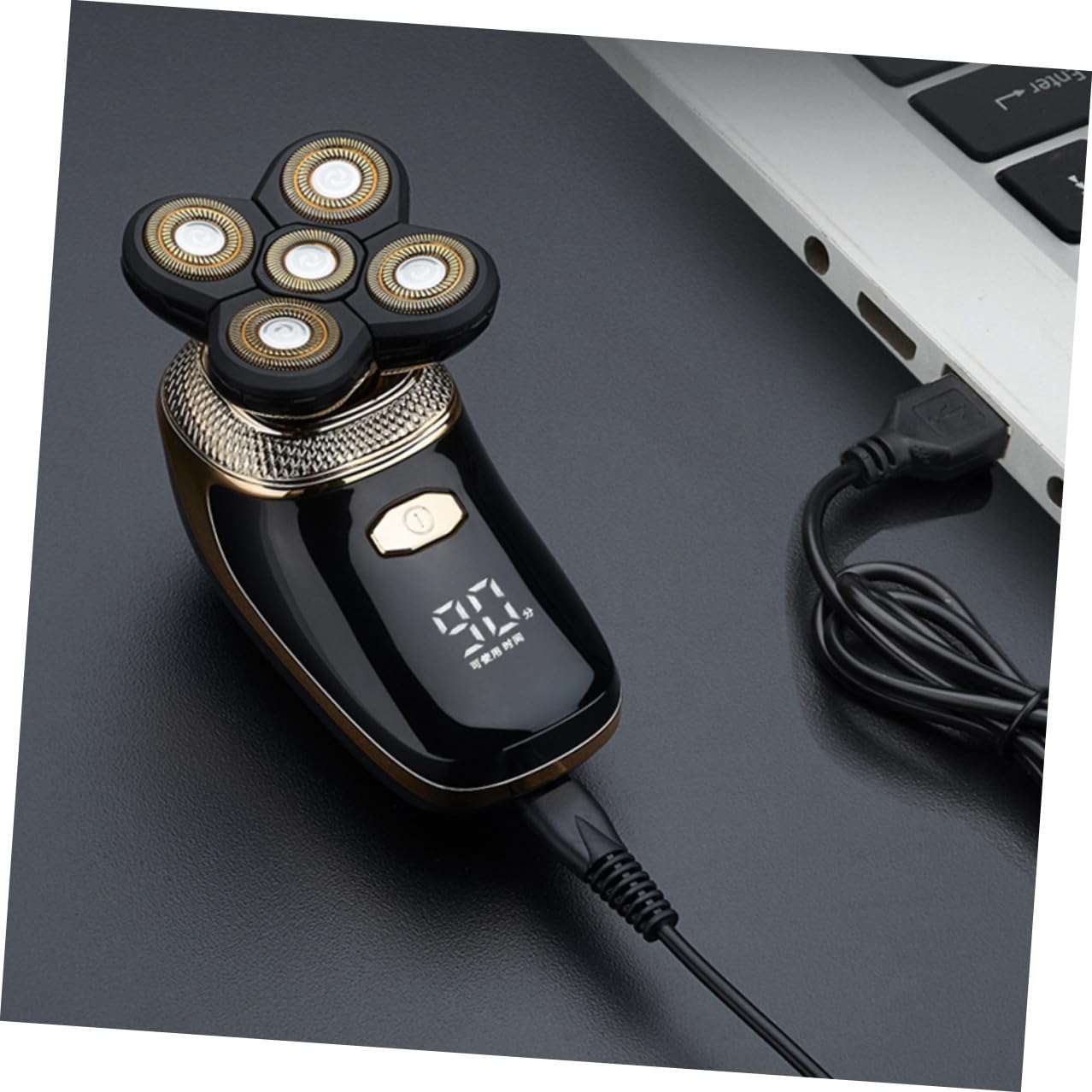 Rasoio Elettrico Uomo Five-in-one in Acciaio Placcato Titanio | Ricarica Usb, Taglio Barba e Chioma, Finitura Oro, per Rasatura e Rifinitura Quotidiana