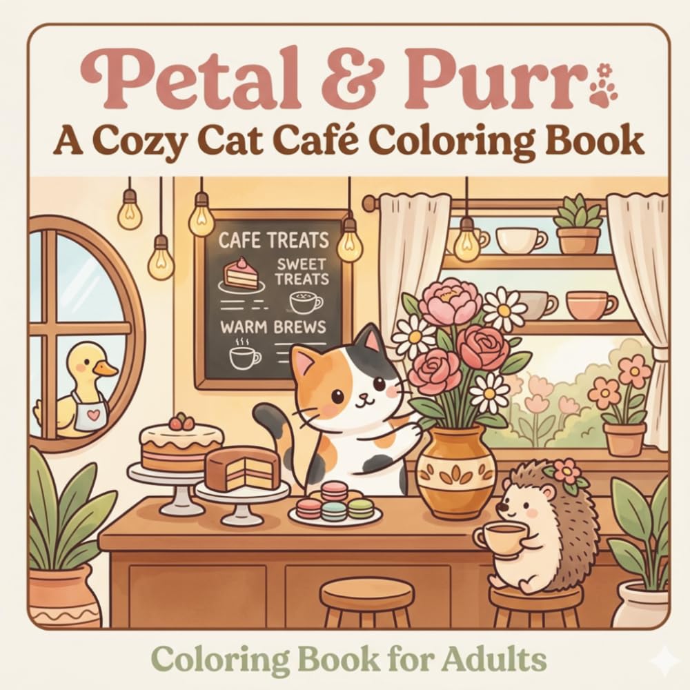 Petal & Purr: A Cozy Cat Café Coloring Book: 30 Charming Illustrations of a Calico Cat's Floral Café with Hedgehog & Duck Friends for Adult Relaxation