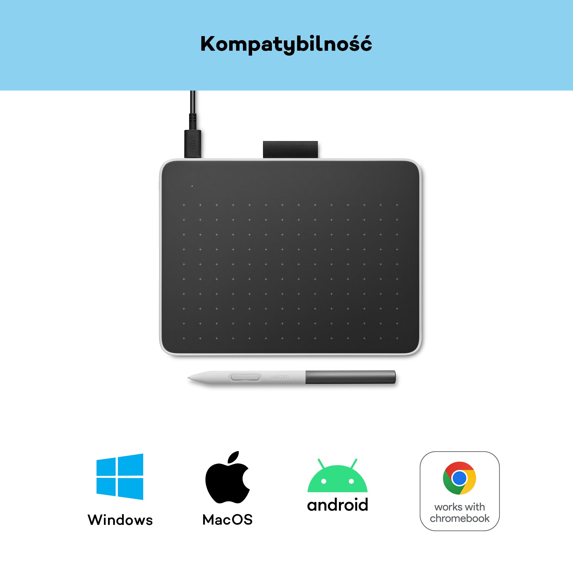 Wacom Tablet One S z rysikiem EMR bez baterii, połączenie Bluetooth, do Windows, Mac, Chromebooka i Android – odpowiedni dla początkujących, rysowania cyfrowego i codziennych prac biurowych.