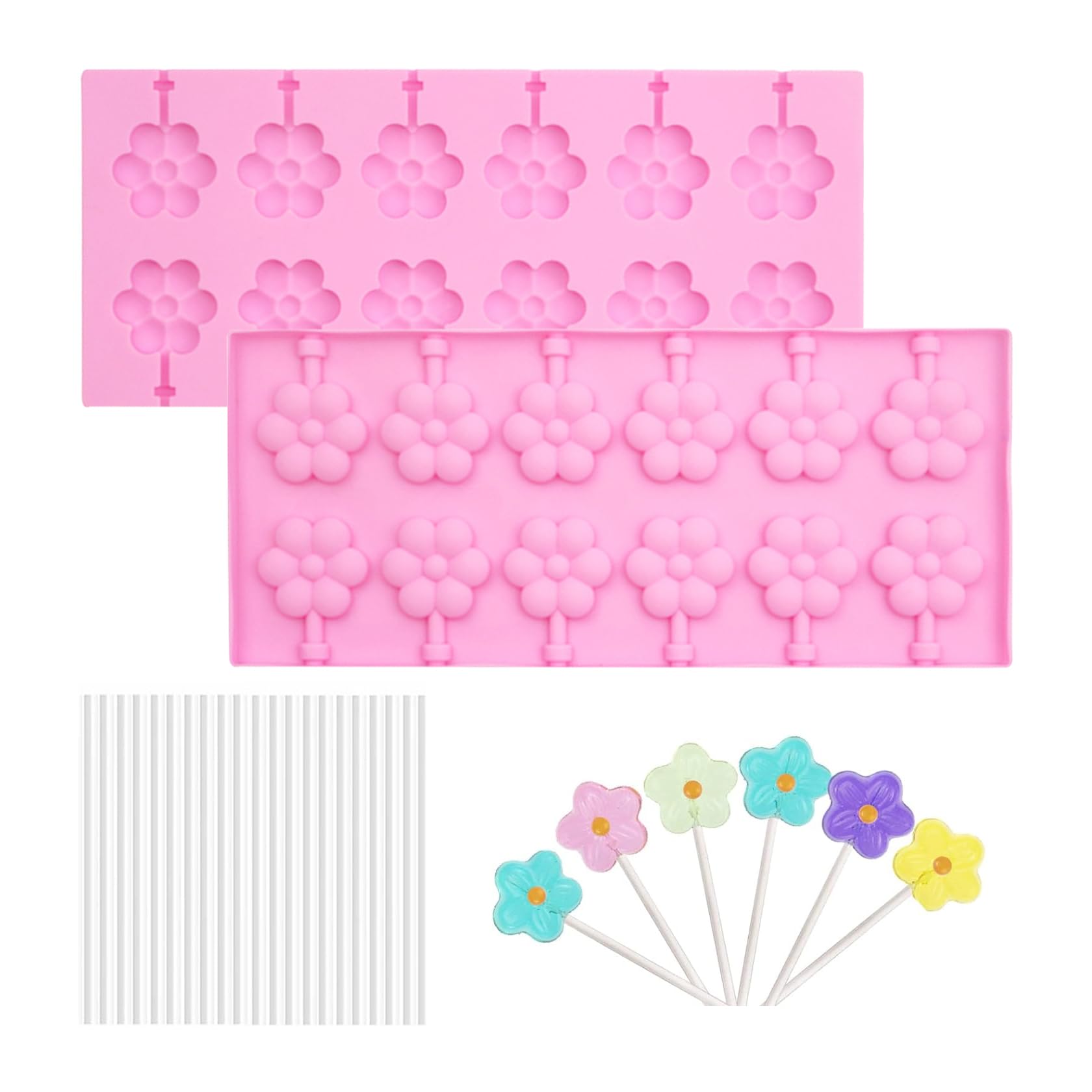 12 Cavities Flower Pink Silicone Lollipop Molds,Hard Candy Chocolate Sucker Mold with 20pcs Sucker Sticks