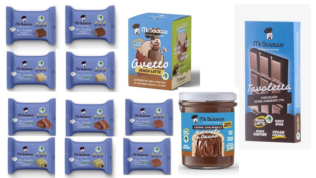 confezione regalo prodotti Mr.Sciocco TUTTI ALTERNATIVA 100% vegetale al cioccolato: mini tavolette gusti assortiti, ovetto, crema spalmabile, tavoletta Senza Glutine, Senza Latte e Lattosio
