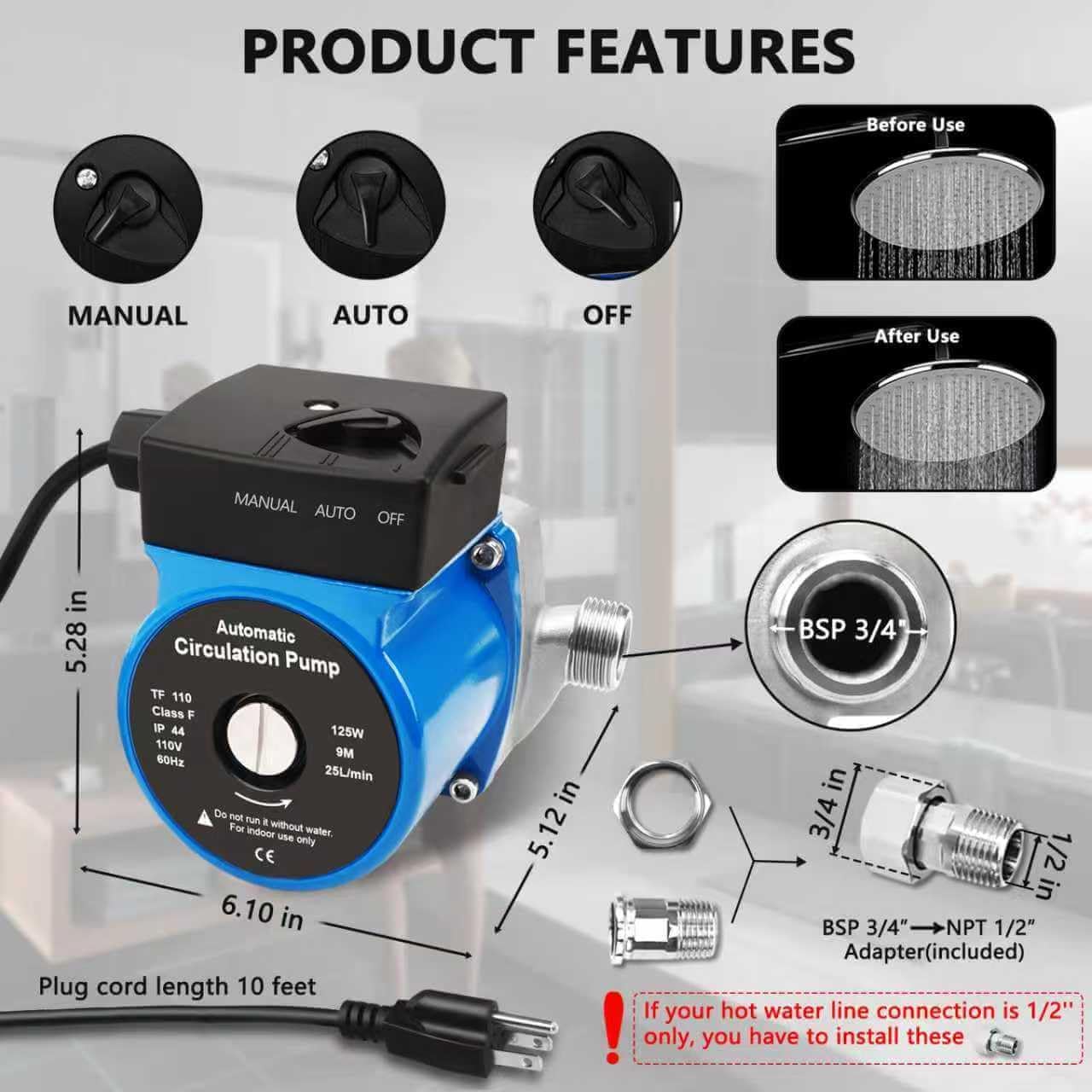 Hot Water Recirculating Pump, Water Circulator Pump, Automatic Hot Water Circulating Pump 110v BSP 3/4" w/NPT 1/2" Adapter Stainless Steel 15-9S Dual Control for Electric Water Heater System