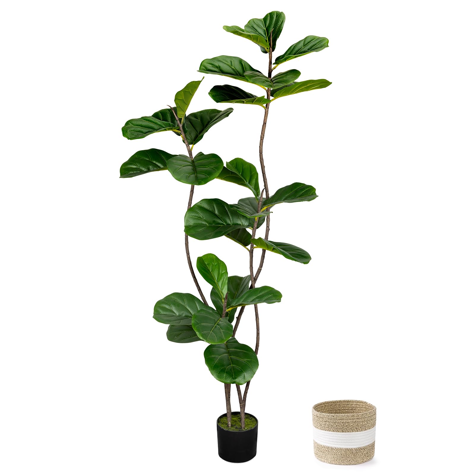LuceAlberi Artificial Fiddle Leaf Fig Tree 5FT with Cotton Basket | Faux Large Trees Fake Plants Tall Tree with 4 Sturdy Trunks, Indoor Artificial Plant Ficus Lifelike for Home Decor Office