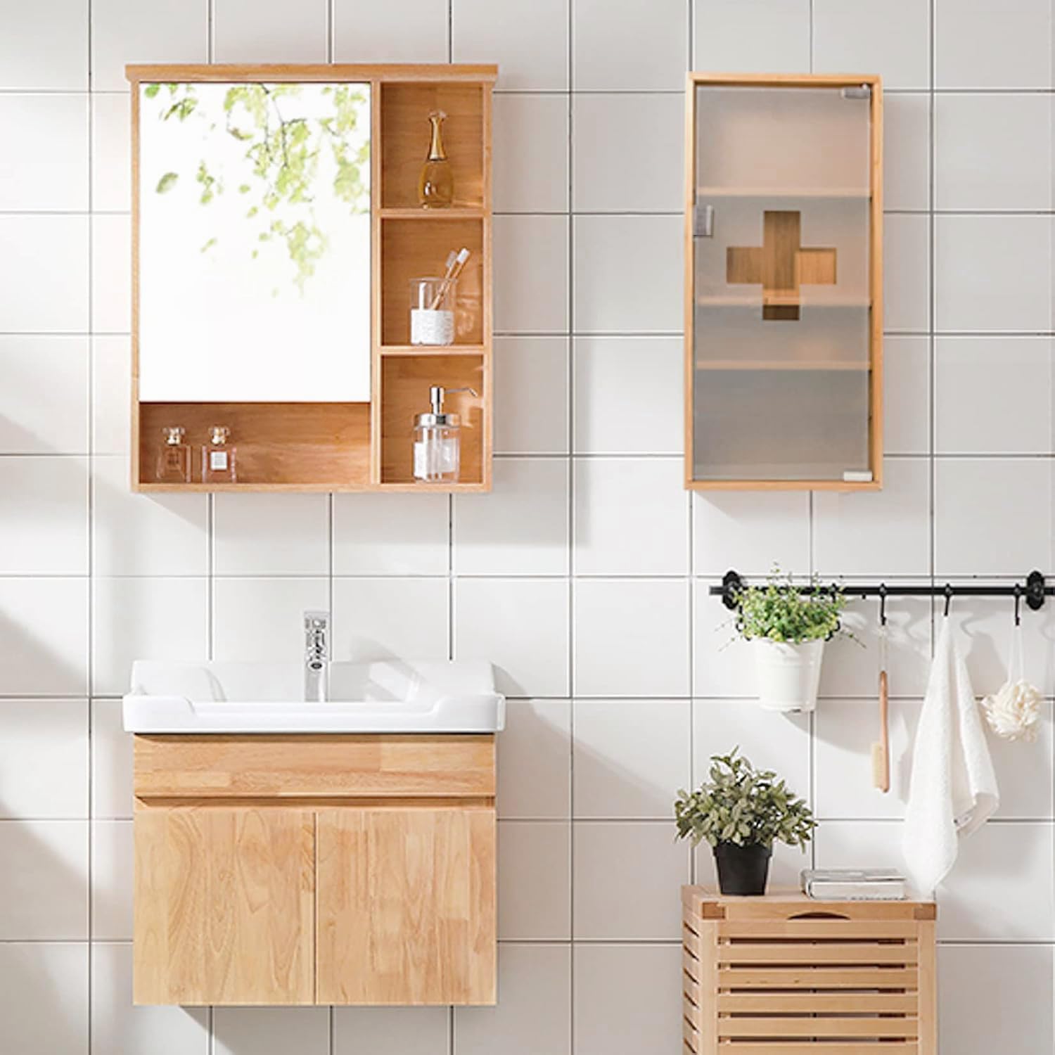 Zedelmaier Medikamentenschrank & Medizinschrank aus Bambus, hängeschrank, Hausapotheke, Erste Hilfe Schrank,Glastür mit Magnetverschluss，Arzneischrank 4 Fächer，12T x 27B x 57H cm