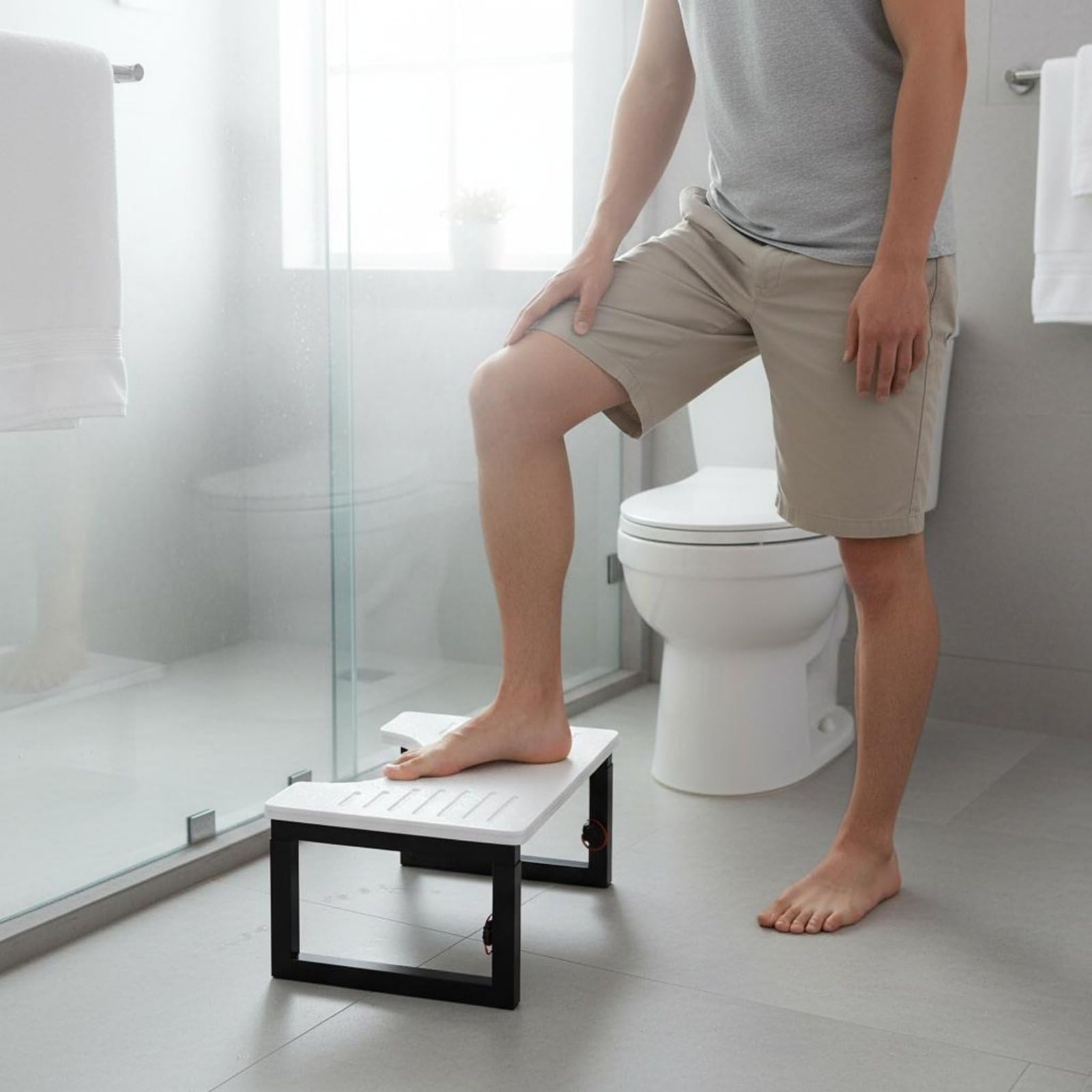Sgabello Pieghevole per WC Sgabello da Toilette Poggiapiedi per Bagno Pedana Regolabile in Legno E Acciaio Chiusura Rapida Stoccaggio Ordinato Postura, Nero
